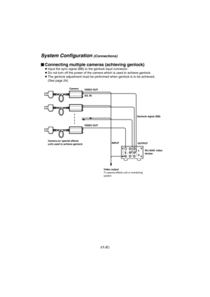 Page 6313 (E)
Camera
Camera (or special effects
unit) used to achieve genlockVIDEO OUT
G/L IN
VIDEO OUT
INPUT
Video output
To special effects unit or monitoring
systemGenlock signal (BB)
OUTPUT
WJ-300C video
divider
System Configuration (Connections)
$Connecting multiple cameras (achieving genlock)
OInput the sync signal (BB) to the genlock input connector.
ODo not turn off the power of the camera which is used to achieve genlock.
OThe genlock adjustment must be performed when genlock is to be achieved. 
(See...