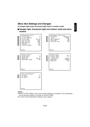 Page 7828 (E)
ENGLISH
12345678
¢¢
Brightness Set¢¢
A.Iris Level ±0
A.Iris PEAK/AVG 0
A.Iris Area Top cut
Auto ND (ELC) (OFF)
Auto Gain Up (OFF)
Manu Gain Up (0dB)
Pedestal (±0)
Contrast(Gamma) MID
Return
9:;<
¢¢
Colour Set¢¢
Chroma Level ±0
Flesh Tone ±0
White Bal (AWC A)
Highlight Chroma OFF
Return
ABCDE
¢¢
Sharpness (DTL) Set¢¢
DTL Select Sharpness
Level (HIGH)
Noise Suppress OFF
Clean DNR OFF
DTL Flesh Tone MID
Return
FGHIJ
¢¢
Other Set¢¢
Shutter Speed (OFF)
Syncro Scan ---
V Resolution Normal
Baud Rate...