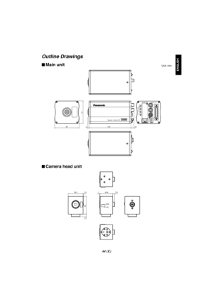 Page 9444 (E)
ENGLISH
Separate  Camera AW –
– +
MENU
ITEM/AWC
YES/ABC
NO/BAROPTION  CARD
VIDEO  OUT
I/F  REMOTE
G/L IN
IRIS
DC12V IN
10 145
77
484
Outline Drawings
$Main unit
$Camera head unit
149.67.958.5 1.5
69
10
LOCK FOCUS
Unit: mm 