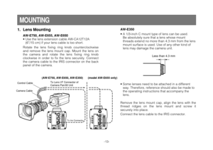 Page 13-13-
MOUNTING
1. Lens Mounting
AW-E750, AW-E655, AW-E650
• Use the lens extension cable AW-CA12T12A
(6”/15 cm) if your lens cable is too short.
Rotate the lens fixing ring knob counterclockwise
and remove the lens mount cap. Mount the lens on
the camera and rotate the lens fixing ring knob
clockwise in order to fix the lens securely. Connect
the camera cable to the IRIS connector on the back
panel of the camera.AW-E350
• A 1/3-inch C mount type of lens can be used.
Be absolutely sure that a lens whose...