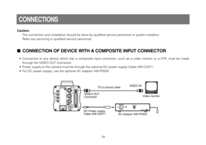 Page 18-18-
Caution:
The connection and installation should be done by qualified service personnel or system installers.
Refer any servicing to qualified service personnel.
CONNECTIONS
CONNECTION OF DEVICE WITH A COMPOSITE INPUT CONNECTOR
•Connection to any device which has a composite input connector, such as a video monitor or a VTR, must be made
through the VIDEO OUT Connector.
•Power supply to the camera must be through the optional DC power supply Cable AW-CA4T1.
•For DC power supply, use the optional AC...