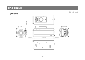 Page 60-60-
(AW-E750)
APPEARANCE
Unit: inch (mm)
Convertible  Camera  AW-
MENUOPTION   CARD
VIDEO  OUT
I / F   REMOTE
G / LIN
IRIS
DC12V  INITEM / AWCYES / ABCNO / BAR
6-11/16 (170) 15/32 (12) 25/64 (10)3-5/16 (84)
11/16 (18) 3-1/32 (77)
Unit: inch (mm) 