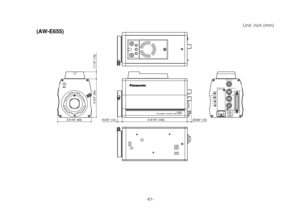 Page 61-61-
Convertible  Camera  AW-
MENUOPTION   CARD
VIDEO  OUT
ZOOM / FOCUS
I / F   REMOTE
G / LIN
IRIS
DC12V  IN
ITEM / AWCYES / ABCNO / BAR
MIC
15/32 (12)25/64 (10)6-5/16 (160) 3-5/16 (84)
3-3/4 (96) 11/16 (18)
Unit: inch (mm)
(AW-E655) 