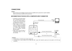 Page 15ZOOM/FOCUSREMOTE
EXT DC IN
PAGE
ITEM(AWC)
UP(ABC)DOWN(BAR)
IRIS
SEE MANUAL
CAUTIONCONNECT TO SPECIFIED
CLASS 2 POWER SUPPLY
ONLY SEE MANUAL
VBS/HD75¶
VD
VIDEO/RGB
CONTROLVIDEO OUT G/L IN
ON
OFF
-13-
n CONNECTION OF DEVICE WITH A COMPOSITE INPUT CONNECTORCONNECTIONSCaution :
The connection and installation should be done by qualified service personnel or system installers.
Refer any servicing to qualified service personnel.
1. Connect this to a 12V DC class 2 power supply only.
2. To prevent fire or shock...