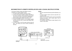 Page 19-17-
nCONNECTION OF A REMOTE CONTROLLER (RCU AND A COAXIAL MULTIPLEX SYSTEM)The optional multiplex adaptor WV-PS550 is used for
connection of a coaxial multiplex system.
1. Turn RCU power off before connecting cables.
2. Connect the optional multiplex adaptor WV-PS550 to
the control connector of the camera through the stan-
dard accessory cable supplied with the WV-PS550.
3. Set the cable selection switch of the RCU to VP.
4. Connect the MPX connector of the multiplex adaptor
and that of the RCU with a...