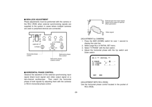 Page 31-29- nGEN-LOCK ADJUSTMENT
Phase adjustments must be performed with the camera or
the RCU (RCB) when external synchronizing signals are
supplied to the system in cases where multiple cameras
are used or peripheral devices are connected.
nHORIZONTAL PHASE CONTROL
Observe the waveform of the external synchronizing input
signal (black burst signal) and video output signal on a
two-channel oscilloscope.  Then match the horizontal
phase of both signals by adjusting them with the cameras
or RCUs horizontal...