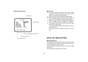 Page 38** SETUP **
GAIN         AGC HIGH
IRIS         AUTO
SHUTTER      OFF
WHITE BAL    ATW
DTL LEVEL    LOW
SCENE FILE   USER A
INIT  USER  END
-36- nHow to Read ScreensnHow to Set
(1) The cursor (blinking) moves each time the item switch
is pressed. The item indicated by the cursor can be
reset or its command can be executed.
(2) Use the Up and Down switches to change settings.
(3) When the page switch is pressed after moving the
cursor to INIT, the INITIAL SET menu will displayed.
(4) When the page switch...