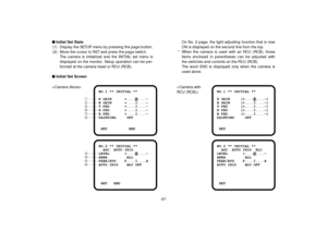 Page 39-37- nInitial Set State
(1) Display the SETUP menu by pressing the page button.
(2) Move the cursor to INIT and press the page switch.
The camera is initialized and the INITIAL set menu is
displayed on the monitor. Setup operation can be per-
formed at the camera head or RCU (RCB).
nInitial Set Screen
 
NO.1 ** INITIAL **
R GAIN     (+....I....-)
B GAIN     (+....I....-)
T PED      (+....I....-)
R PED      (+....I....-)
B PED      (+....I....-)
PAINTING     OFF
RETNO.2 ** INITIAL **
AGC  AUTO IRIS  ELC...