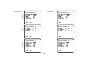 Page 40NO.5 ** INITIAL **
OUTPUT SEL1  R/G/B
OUTPUT SEL2  Y/C
SYNC SEL     0.3V
CAMERA ID    OFF
TIME DATE    OFF
RET   END
NO.5 ** INITIAL **
OUTPUT SEL1  R/G/B
OUTPUT SEL2  Y/C
SYNC SEL     0.3V
CAMERA ID    OFF
TIME DATE    OFF
RET          
NO.3 ** INITIAL **
SYNCHRO-SCAN 253/525
FLD/FRM      FIELD
GAMMA        ON
2D LPF       OFF
COLOR BAR    1
RET   END
NO.3 ** INITIAL **
SYNCHRO-SCAN 253/525
FLD/FRM      FIELD
GAMMA        ON
2D LPF       OFF
COLOR BAR    1
RET
-38-
NO.4 ** INITIAL **
H PHASE...