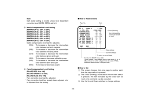 Page 48-46- Note:
Dark detail setting is invalid unless level dependent
correction level [LEVEL DEP] is set to 0.
#9Matrix Compensation Level Setting
[MATRIX (R-G): -25% to 25%]
[MATRIX (R-B): -25% to 25%]
[MATRIX (G-R): -25% to 25%]
[MATRIX (G-B): -25% to 25%]
[MATRIX (B-R): -25% to 25%]
[MATRIX (B-G): -25% to 25%]
Matrix compensation level can be adjusted.
(R-G): To increase or decrease the intermediate
color between red and magenta
(R-B): To increase or decrease the intermediate
color between red and yellow...