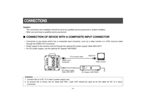 Page 16-14-
Caution:
The connection and installation should be done by qualified service personnel or system installers.
Refer any servicing to qualified service personnel.CONNECTIONS
VIDEO OUTG/L INI/F REMOTE OPTION CARDIRIS
DC12V IN
MENUITEM/AWCYES/ABCNO/BAR
ONPOWER
OFFPOWERO    I
FUSE(POWER)
125V  3.15AFUSEFUSE
AC Adaptor  
AW-PS505
nCONNECTION OF DEVICE WITH A COMPOSITE INPUT CONNECTOR1. Connect this to a DC 12 V class 2 power supply only.
2. To prevent fire or shock, the UL listed wire VW-1, style 1007...