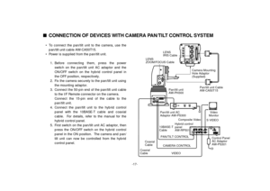 Page 19-17-
• To connect the pan/tilt unit to the camera, use the
pan/tilt unit cable AW-CA50T15.
• Power is supplied from the pan/tilt unit.
1.Before connecting them, press the power
switch on the pan/tilt unit AC adaptor and the
ON/OFF switch on the hybrid control panel in
the OFF position, respectively.
2.Fix the camera securely to the pan/tilt unit using
the mounting adaptor.
3.Connect the 50-pin end of the pan/tilt unit cable
to the I/F Remote connector on the camera.
Connect the 15-pin end of the cable to...