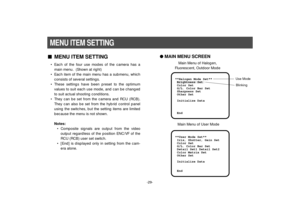 Page 31-29-
nMENU ITEM SETTING• Each of the four use modes of the camera has a
main menu.  (Shown at right)
• Each item of the main menu has a submenu, which
consists of several settings.
• These settings have been preset to the optimum
values to suit each use mode, and can be changed
to suit actual shooting conditions.
• They can be set from the camera and RCU (RCB).
They can also be set from the hybrid control panel
using the switches, but the setting items are limited
because the menu is not shown.
Notes:
•...