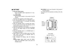 Page 32-30-
nSETTING1. From the camera alone:
Keep the MENU switch depressed for 5 sec-
onds or more.
From RCU (RCB):
Set the user set switch in the pocket to the ON
position.
The main menu appears on the monitor screen.
2. Each time the MENU switch (M), ITEM/AWC switch
(