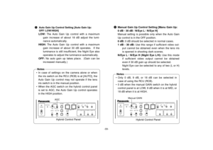 Page 35• In case of settings on the camera alone or when
the iris switch on the RCU (RCB) is at [AUTO], the
Auto Gain Up control may not operate if the lens
iris switch is in the manual position.
• When the AGC switch on the hybrid control panel
is set to AGC, the Auto Gain Up control operates
in the HIGH position.
POWEROPERATE
BAR
CAMMODEGAIN AWC
SCENE
FILEABC
AT W
A
B
AUTO/AIW
ELC LOW MID
MANUON SC H
OFF HIGH AGC
OFF 1 / 100SHUTTER
ON
OFF
1 .
2 .
3 .
4 .
G/L PHASE
T.PED
CABLE COMP 90¡   180¡
0¡        270¡...