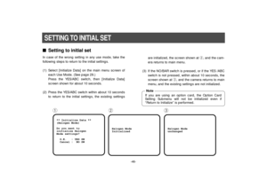 Page 48-46-
nSetting to initial setIn case of the wrong setting in any use mode, take the
following steps to return to the initial settings.
(1) Select [Initialize Data] on the main menu screen of
each Use Mode. (See page 29.)
Press the YES/ABC switch, then [Initialize Data]
screen shown for about 10 seconds.
(2) Press the YES/ABC switch within about 10 seconds
to return to the initial settings, the existing settings
** Initialize Data **
(Halogen Mode)
Do you want to
initialize Halogen
Mode settings?
  O.K....