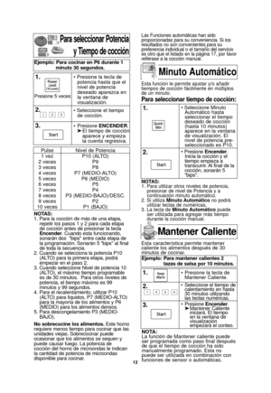 Page 1412
NOTAS:
1. Para utilizar otros niveles de potencia,presionar de nivel de Potencia y a
continuación minuto automático.
2. Si utiliza Minuto Automático no podrá
utilizar teclas de numéricas.
3. La tecla de Minuto Automático puede
ser utilizada para agregar más tiempo
durante la cocción manual.
Para seleccionar Potencia
y Tiempo de cocción
NOTAS:
1. Para la cocción de más de una etapa,repetir los pasos 1 y 2 para cada etapa
de cocción antes de presionar la tecla
Encender. Cuando esta funcionando,
sonarán...