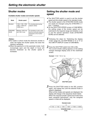 Page 5252
1/100 1/120 1/250 1/500 1/1000 1/2000
Setting the electronic shutter
Shutter modes

ONo matter in which mode the electronic shutter is
used, the higher the shutter speed, the lower the
camera’s sensitivity.
OWhen the aperture is in the automatic mode, it will
increasingly open and the depth of focus will
become shallower as the shutter speed is
increased.
Available shutter modes and shutter speeds
ModeShutter speed Application
For shooting fast-moving
subjects clearly
Standard1/100, 1/120, 1/250,...