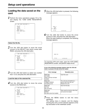 Page 6363
6Turn the JOG dial button to move the arrow
(cursor) to YES, and press the JOG dial button.  
When the data loading is completed, the following
message appears.
To load the VTR unit’s data, open the VTR CARD
READ/WRITE screen, and perform steps 
4to 6.
< CAM CARD READ/WRITE >
READ
SELECT      :1
WRITE
SELECT      :1
CARD CONFIG
READ USER DATA
TITLE        :
READ OK
YES
nNO
TITLE        :
If one of the following messages appears when the JOG dial
button is pressed, the data cannot be loaded.
7Press the...
