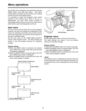 Page 7070
Menu operations
The setting menu operations are performed using the
MENU button and JOG dial button.  The menu
configuration is divided into the camera unit’s setting
menus and VTR unit’s setting menus.
It is possible to select the engineer menu which
enables all the setting menu items to be set or,
alternatively, the user menu which consists of
individually tailored menus so that only those menus
which will be used most frequently can be set.

The engineer menu is displayed at all times when the...