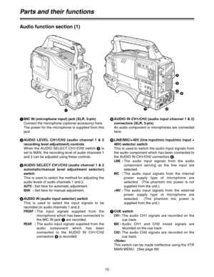 Page 1010
Audio function section (1)
1
MIC IN (microphone input) jack (XLR, 3-pin)
Connect the microphone (optional accessory) here.
The power for the microphone is supplied from this
jack.
2
AUDIO LEVEL CH1/CH2 (audio channel 1 & 2
recording level adjustment) controls
When the AUDIO SELECT CH1/CH2 switch 3
is
set to MAN, the recording level of audio channels 1
and 2 can be adjusted using these controls.
3
AUDIO SELECT CH1/CH2 (audio channel 1 & 2
automatic/manual level adjustment selector)
switch
This is used...