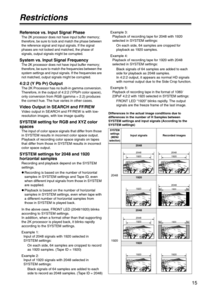 Page 1515
Restrictions
Reference vs. Input Signal Phase
The 2K processor does not have input buffer memory; 
therefore, be sure to lock and match the phase between 
the reference signal and input signals. If the signal 
phases are not locked and matched, the phase of 
signals, output signals might be corrupted.
System vs. Input Signal Frequency
The 2K processor does not have input buffer memory; 
therefore, be sure to match the frequencies between the 
system settings and input signals. If the frequencies are...
