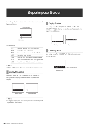 Page 134134Setup: Superimpose Screen
Superimpose Screen
Control signals, time code and other information are indicated 
by abbreviations. 
Abbreviations:
◆NOTE: 
 [T*R] or [U*R] appears when card data could not be properly read. 
Use setup menu No. 009 (CHARA TYPE) to change the 
background of display characters in the superimposed 
display. 
◆NOTE:
 During play list playback, black text appears on a white background 
regardless of menu setting. 
Use setup menu No. 007 (CHARA H-POS) and No. 008 
(CHARA V-POS) to...