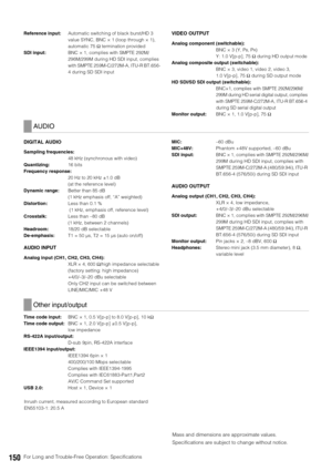 Page 150150For Long and Trouble-Free Operation: Specifications
Reference input:Automatic switching of black burst/HD 3 
value SYNC, BNC × 1 (loop through × 1), 
automatic 75Ωtermination provided
SDI input:BNC × 1, complies with SMPTE 292M/
296M/299M during HD SDI input, complies 
with SMPTE 259M-C/272M-A, ITU-R BT.656-
4 during SD SDI inputVIDEO OUTPUT
Analog component (switchable):
BNC × 3 (Y, P
B, PR)
Y: 1.0 V[p-p], 75 Ω during HD output mode
Analog composite output (switchable):
BNC × 3, video 1, video 2,...