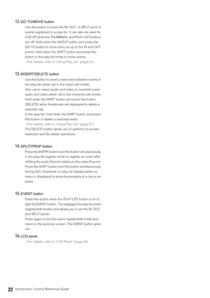 Page 2222Introduction: Control Reference Guide
12.GO TO/MOVE button
Use this button to move the IN, OUT, or SPLIT point of 
events registered in a play list. It can also be used for 
CUE UP when the THUMBNAIL and PLAY LIST buttons 
are off. Hold down the IN/OUT button and press the 
GO TO button to move and cue up to the IN and OUT 
points. Hold down the SHIFT button and press this 
button in the play list mode to move events. 
➝For details, refer to “Using Play List” (page 61). 
13.INSERT/DELETE button
Use...