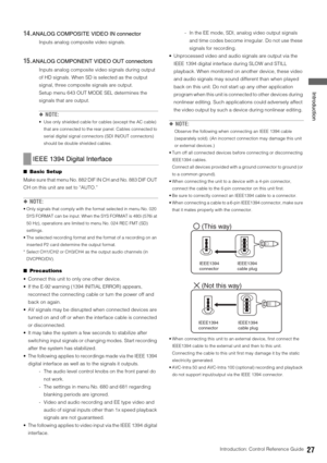 Page 27Introduction: Control Reference Guide27
 Introduction
14.ANALOG COMPOSITE VIDEO IN connector
Inputs analog composite video signals. 
15.ANALOG COMPONENT VIDEO OUT connectors
Inputs analog composite video signals during output 
of HD signals. When SD is selected as the output 
signal, three composite signals are output. 
Setup menu 643 OUT MODE SEL determines the 
signals that are output. 
◆NOTE: 
 Use only shielded cable for cables (except the AC cable) 
that are connected to the rear panel. Cables...