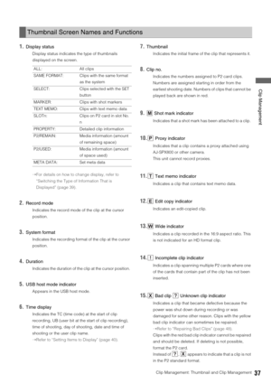 Page 37Clip Management: Thumbnail and Clip Management37
 Clip Management
1.Display status
Display status indicates the type of thumbnails 
displayed on the screen. 
➝For details on how to change display, refer to 
“Switching the Type of Information That is 
Displayed” (page 39).
2.Record mode
Indicates the record mode of the clip at the cursor 
position. 
3.System format
Indicates the recording format of the clip at the cursor 
position. 
4.Duration
Indicates the duration of the clip at the cursor position....