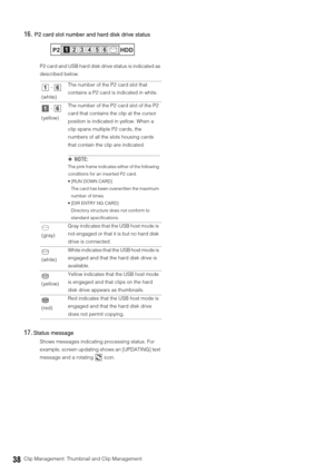 Page 3838Clip Management: Thumbnail and Clip Management
16. P2 card slot number and hard disk drive status
P2 card and USB hard disk drive status is indicated as 
described below. 
17.Status message
Shows messages indicating processing status. For 
example, screen updating shows an [UPDATING] text 
message and a rotating   icon.  -   
(white)The number of the P2 card slot that 
contains a P2 card is indicated in white.
 - 
(yellow)The number of the P2 card slot of the P2 
card that contains the clip at the...