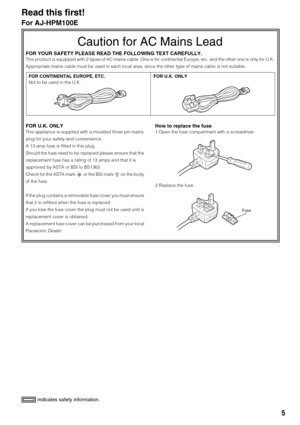 Page 55
 indicates safety information.
Read this first!
For AJ-HPM100E
Caution for AC Mains Lead
FOR YOUR SAFETY PLEASE READ THE FOLLOWING TEXT CAREFULLY.
This product is equipped with 2 types of AC mains cable. One is for continental Europe, etc. and the other one is only for U.K.
Appropriate mains cable must be used in each local area, since the other type of mains cable is not suitable.
FOR U.K. ONLY
This appliance is supplied with a moulded three pin mains 
plug for your safety and convenience.
A 13 amp...