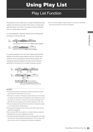 Page 61Using Play List: Play List Function61
 Using Play List
Using Play List
Play List Function
The play list function allows you to create lists (play lists) that 
register clip sections recorded on P2 cards to continuously 
play them back in list order. List editing is fast and efficient 
since no actual data is involved. 
In normal playback, playback starts from the starting point 
and goes on until the last clip. 
In a play list playback, the user first creates a play list that 
defines the IN points...