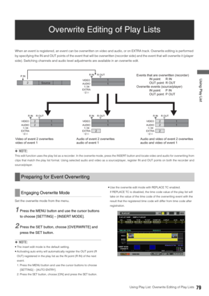 Page 79Using Play List: Overwrite Editing of Play Lists79
 Using Play List
Overwrite Editing of Play Lists
When an event is registered, an event can be overwritten on video and audio, or on EXTRA track. Overwrite editing is performed 
by specifying the IN and OUT points of the event that will be overwritten (recorder side) and the event that will overwrite it (player 
side). Switching channels and audio level adjustments are available in an overwrite edit. 
◆NOTE:
This edit function uses the play list as a...