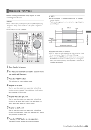 Page 85Using Play List: Audio Split Editing85
 Using Play List
Use the following procedure to newly register an event 
containing an audio split. 
◆NOTE: 
 Refer to the “Adding and Registering Audio Split Point (Changing 
Registered Point)” section to add an audio split to a registered 
event. 
 First set the insert mode to INSERT. 
1Open the play list screen. 
2Use the cursor buttons to choose the location where 
you want to add the event. 
3Press the INSERT button. 
This activates the event register mode....