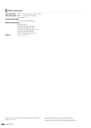 Page 166166Specifications
Time code input:BNC × 1, 0.5 V[p-p] to 8.0 V[p-p], 10 kΩ
Time code output:BNC × 1, 2.0 V[p-p] ±0.5 V[p-p], 
low impedance
RS-422A input/output:
D-sub 9pin, RS-422A interface
IEEE1394 input/output:
IEEE1394 6pin × 1
400/200/100 Mbps selectable
Complies with IEEE1394-1995
Complies with IEC61883-Part1,Part2
Complies with SMPTE 396M
AV/C Command Set supported
USB 2.0:Host × 1, Device × 1
Other input/output
Inrush current, measured according to European standard 
EN55103-1: 20.5 AMass and...