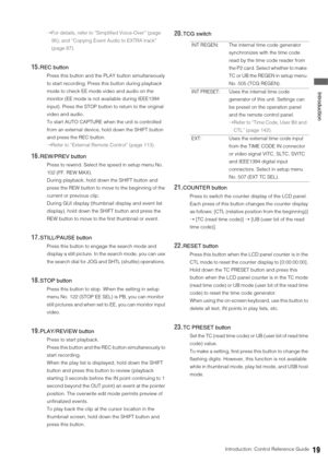 Page 19Introduction: Control Reference Guide19
 Introduction
➝For details, refer to “Simplified Voice-Over” (page 
95), and “Copying Event Audio to EXTRA track” 
(page 87).
15.REC button 
Press this button and the PLAY button simultaneously 
to start recording. Press this button during playback 
mode to check EE mode video and audio on the 
monitor (EE mode is not available during IEEE1394 
input). Press the STOP button to return to the original 
video and audio. 
To start AUTO CAPTURE when the unit is...