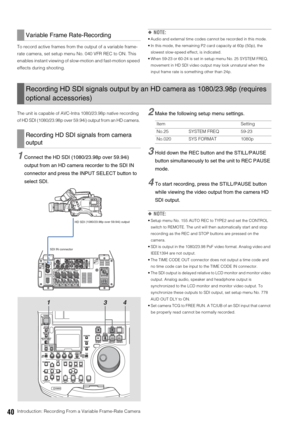 Page 4040Introduction: Recording From a Variable Frame-Rate Camera To record active frames from the output of a variable frame-
rate camera, set setup menu No. 040 VFR REC to ON. This 
enables instant viewing of slow-motion and fast-motion speed 
effects during shooting.
◆NOTE: 
 Audio and external time codes cannot be recorded in this mode.
 In this mode, the remaining P2 card capacity at 60p (50p), the 
slowest slow-speed effect, is indicated.
 When 59-23 or 60-24 is set in setup menu No. 25 SYSTEM FREQ,...