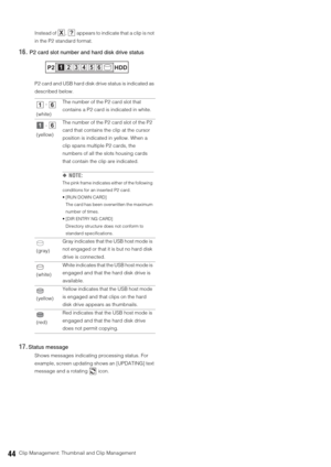 Page 4444Clip Management: Thumbnail and Clip ManagementInstead of  ,   appears to indicate that a clip is not 
in the P2 standard format. 
16. P2 card slot number and hard disk drive status
P2 card and USB hard disk drive status is indicated as 
described below. 
17.Status message
Shows messages indicating processing status. For 
example, screen updating shows an [UPDATING] text 
message and a rotating   icon.  -   
(white)The number of the P2 card slot that 
contains a P2 card is indicated in white.
 -...