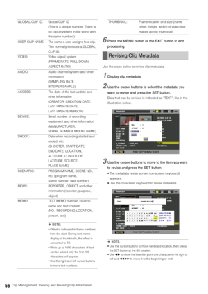 Page 5656Clip Management: Viewing and Revising Clip Information
6Press the MENU button or the EXIT button to end 
processing.
Use the steps below to revise clip metadata. 
1Display clip metadata. 
2Use the cursor buttons to select the metadata you 
want to revise and press the SET button.
Data that can be revised is indicated as “TEXT”, like in the 
illustration below. 
3Use the cursor buttons to move to the item you want 
to revise and press the SET button. 
 The metadata revise screen (on-screen keyboard)...