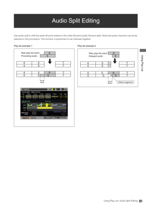 Page 91Using Play List: Audio Split Editing91
 Using Play List
Audio Split Editing
Use audio split to shift the audio IN point relative to the video IN point (audio IN point split). Note that audio channels cannot be 
selected in this procedure. This function is performed on all channels together. 
Play list example 1 Play list example 2
6/A-
6
6
6 6
4
4
4
457
7
7
7 5
5
5New play list event
Preceding audio
6/A+
7
7 5
5 4
4
4
4566
6
7
7
56
New play list event
Silent segment
Delayed audio 