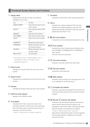 Page 43Clip Management: Thumbnail and Clip Management43
 Clip Management
1.Display status
Display status indicates the type of thumbnails 
displayed on the screen. 
➝For details on how to change display, refer to 
“Switching the Type of Information That is 
Displayed” (page 45).
2.Record mode
Indicates the record mode of the clip at the cursor 
position. 
3.System format
Indicates the recording format of the clip at the cursor 
position. 
4.Duration
Indicates the duration of the clip at the cursor position....