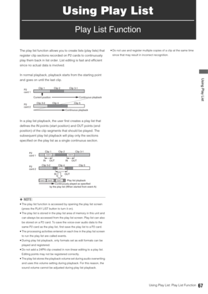 Page 67Using Play List: Play List Function67
 Using Play List
Using Play List
Play List Function
The play list function allows you to create lists (play lists) that 
register clip sections recorded on P2 cards to continuously 
play them back in list order. List editing is fast and efficient 
since no actual data is involved. 
In normal playback, playback starts from the starting point 
and goes on until the last clip. 
In a play list playback, the user first creates a play list that 
defines the IN points...