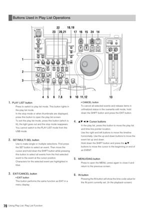 Page 7070Using Play List: Play List Function
1.PLAY LIST button 
Press to switch to play list mode. This button lights in 
the play list mode. 
In the stop mode or when thumbnails are displayed, 
press this button to open the play list screen. 
To exit the play list mode, press this button (which is 
lit), the light goes out and the stop mode reappears. 
You cannot switch to the PLAY LIST mode from the 
USB mode. 
2.SET/MULTI SEL button
Use to make single or multiple selections. First press 
the SET button to...