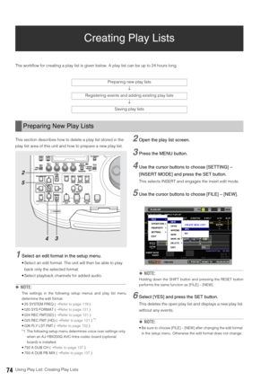 Page 7474Using Play List: Creating Play Lists
Creating Play Lists
The workflow for creating a play list is given below. A play list can be up to 24 hours long. 
This section describes how to delete a play list stored in the 
play list area of this unit and how to prepare a new play list. 
1Select an edit format in the setup menu. 
 Select an edit format. The unit will then be able to play 
back only the selected format. 
 Select playback channels for added audio. 
◆NOTE: 
The settings in the following setup...