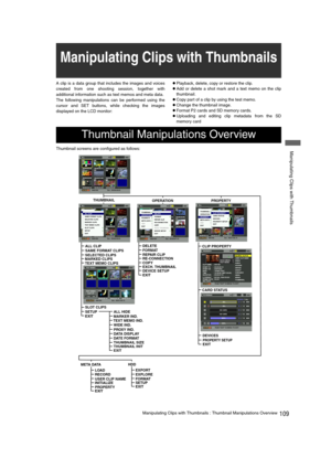 Page 109109Manipulating Clips with Thumbnails : Thumbnail Manipulations Overview
 Manipulating Clips with Thumbnails
A clip is a data group that includes the images and voices
created from one shooting session, together with
additional information such as text memos and meta data. 
The following manipulations can be performed using the
cursor and SET buttons, while checking the images
displayed on the LCD monitor: zPlayback, delete, copy or restore the clip.
zAdd or delete a shot mark and a text memo on the...