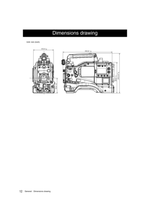 Page 1212GeneralDimensions drawing
Unit: mm (inch)
Dimensions drawing
209 (8-     )
270.5 (10-     )
318 (12-     )
102 (4-      )
137 (5-     )3
/
8
1
/
16
1
/
2
1
/
4
5
/
8
AJ-HPX2000P(VQT1D27-1)E.book  12 ページ  ２００７年７月３０日　月曜日　午後１時３１分 