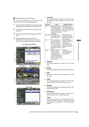 Page 133133Connection with external device : Connection with external devices using the USB 2.0 port
 Connection with external device
You can view the information on the hard disc drive
connected via USB 2.0 with the following steps. 
1Switch the mode to USB HOST. For more infor mation, 
see [
Switching to the USB HOST mode] (page 132).
2Connect the hard disc drive to the camera-recorder 
via USB 2.0.
3Press the thumbnail button to display the thumbnail 
screen.
4Press the MENU button and select HDD > 
EXPLORE...