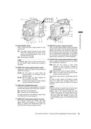 Page 1919Parts and their FunctionsShooting and Recording/Playback Functions Section
 Parts and their Functions
14.SAVE ON/OFF switch 
Used to select the power supply method for each
output section.
ON:The output selected through the menu option
SAVE SW is power-saved. This option can be
found on the OPTION MODE screen on the
SYSTEM SETTING page.
OFF:Power saving is canceled. 
‹Note
The ON/OFF switch does not function during record-
ing. The ON/OFF status changes after recording is
completed. 
15.VIDEO OUT...